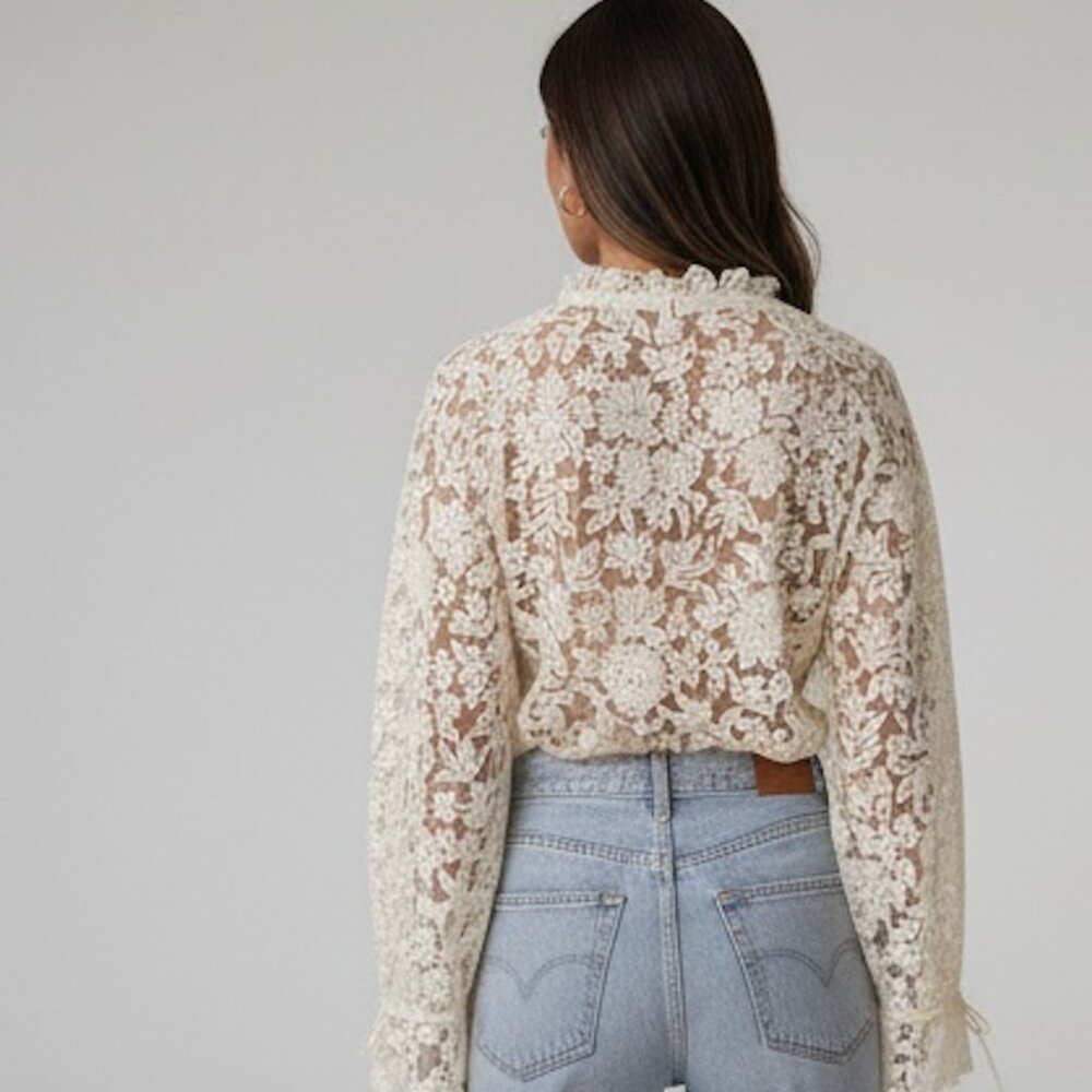 Boho Embroidered Lace Mesh Sheer Blouse Beige - Picture 4 of 8